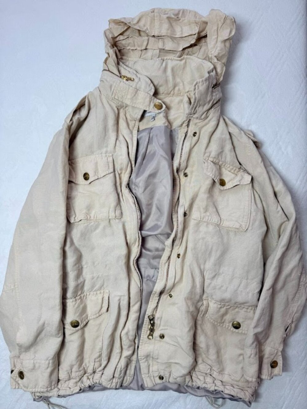 VTG LL Bean Windbreaker Jacket Womens M Classic Khaki Linen Hood and Storage